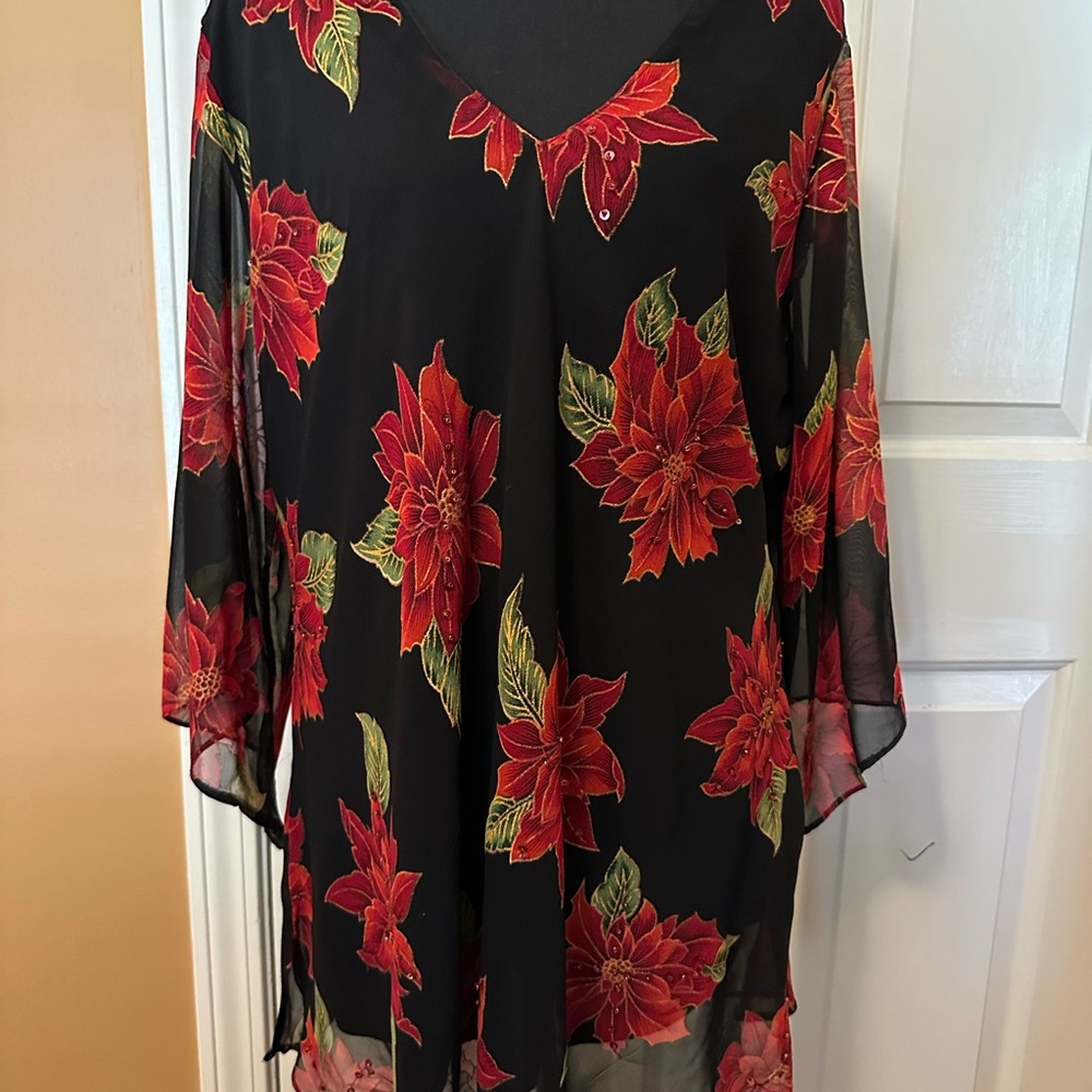 Signature Black Sheer Tunic with Red Poinsettia Floral Print